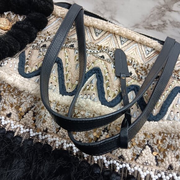 REBECCA MINKOFF Aztec Feel Beach Tote Shoulder Bag Black Beige Tweed Beaded - Picture 6 of 12